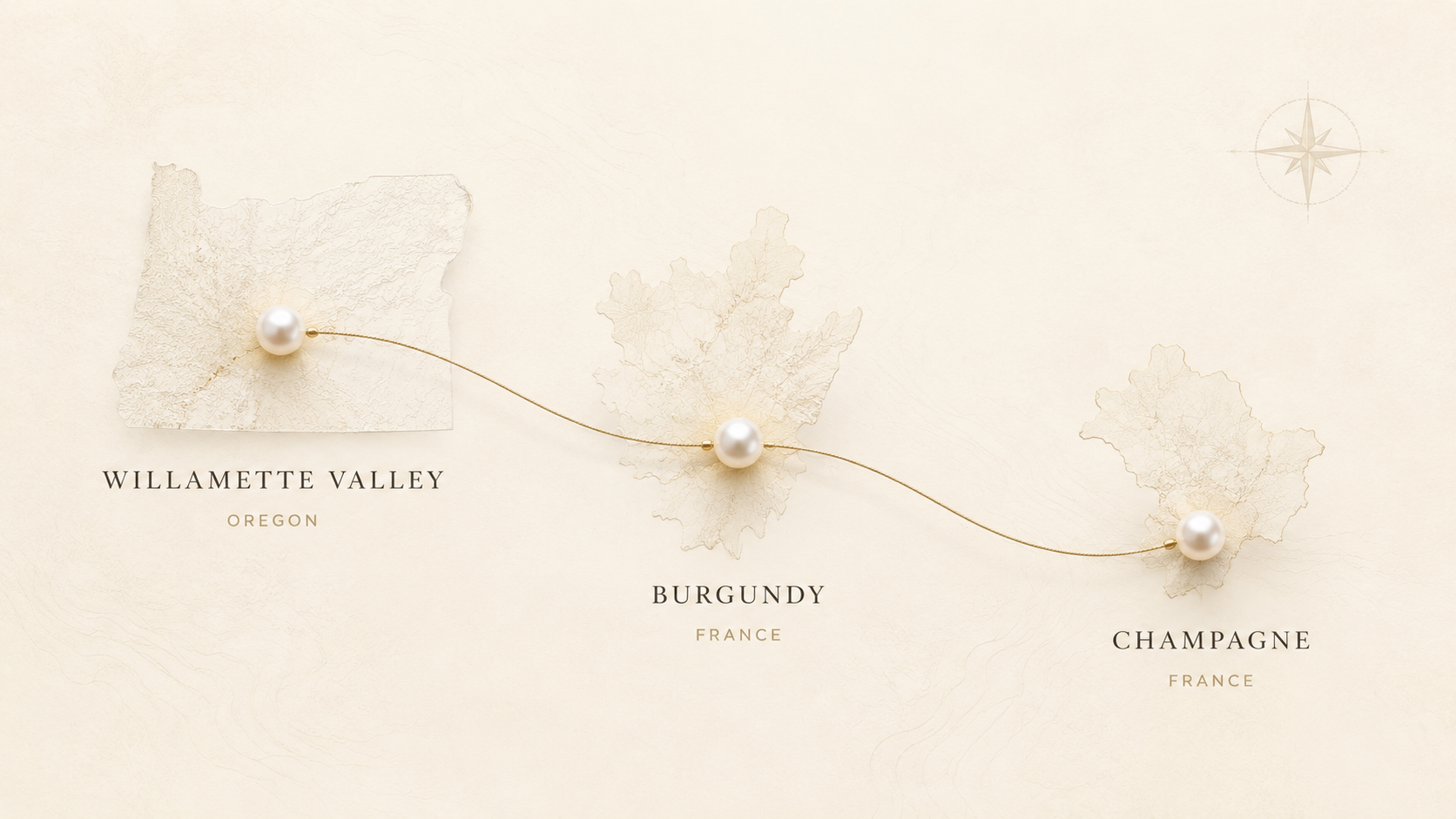 String of white pearls connecting Willamette Valley, Burgundy, and Champagne