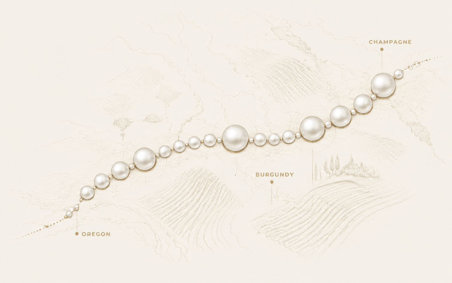 String of pearl vineyards graphic showing Oregon, Burgundy, and Champagne