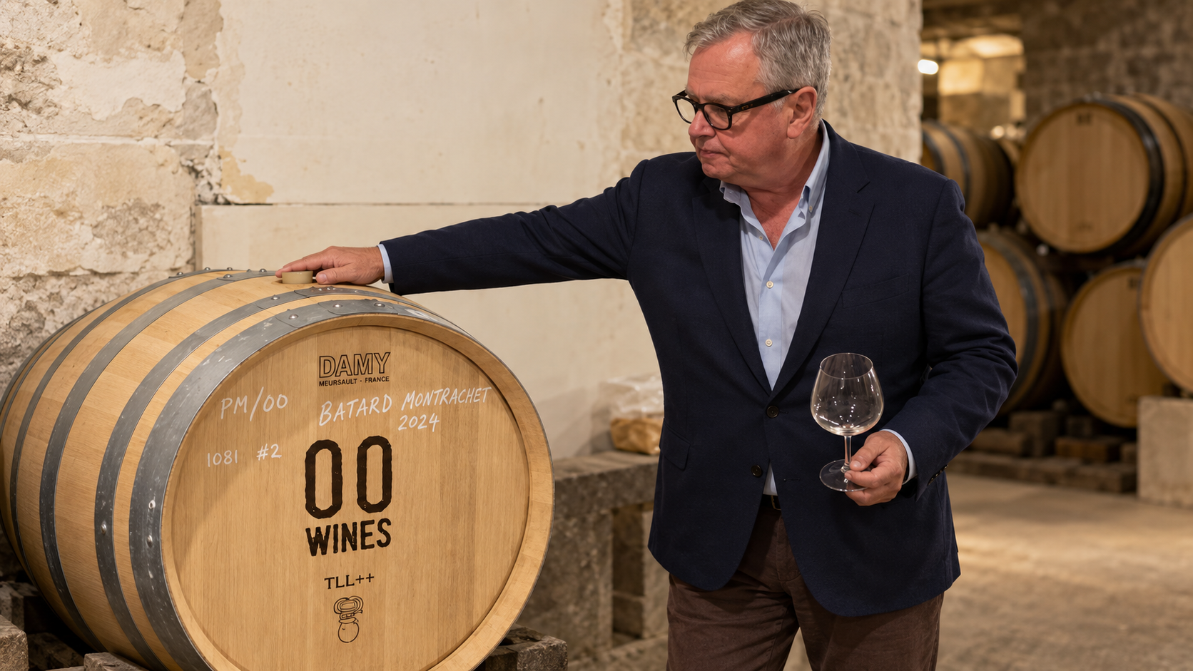 Chris Hermann at the B&acirc;tard-Montrachet barrel