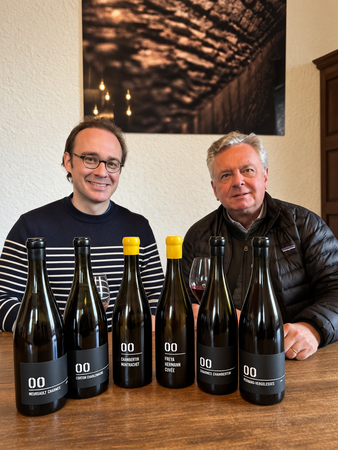 Chris Hermann and Maxence Lecat tasting with Jasper Morris at Bligny