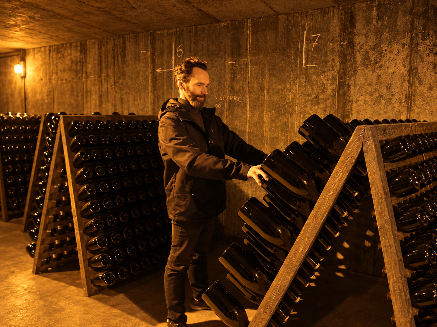 Julien Launois riddling bottles by hand
